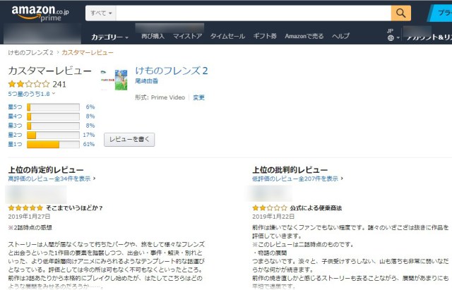 【悲報】『けものフレンズ2』のAmazonレビューが低評価の嵐「兎に角面白くないです」「劣化感と不快感」